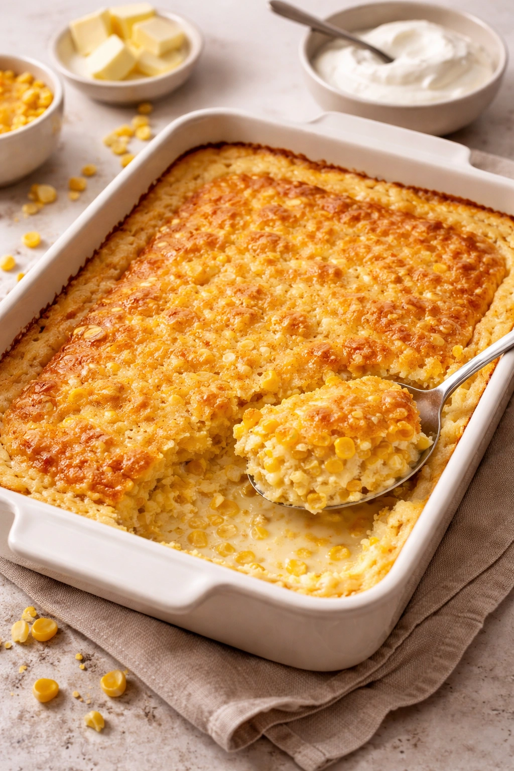 Baked cornbread casserole in a rectangular dish with custard and corn kernels visible