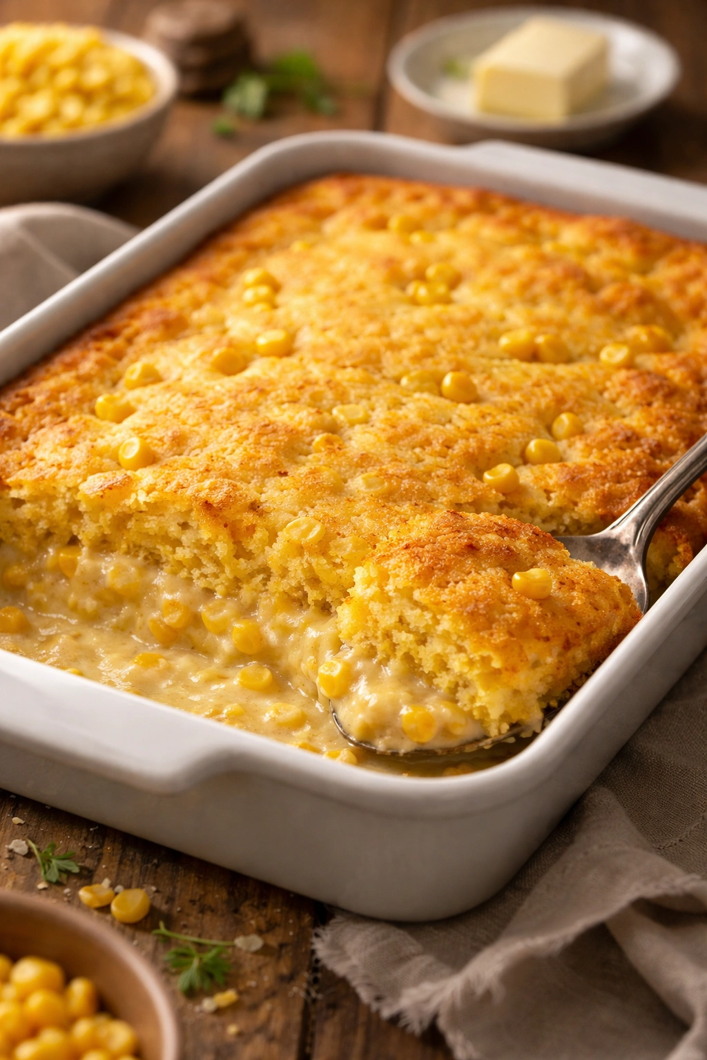Moist cornbread casserole with custard base and corn kernels in a 9x13 dish