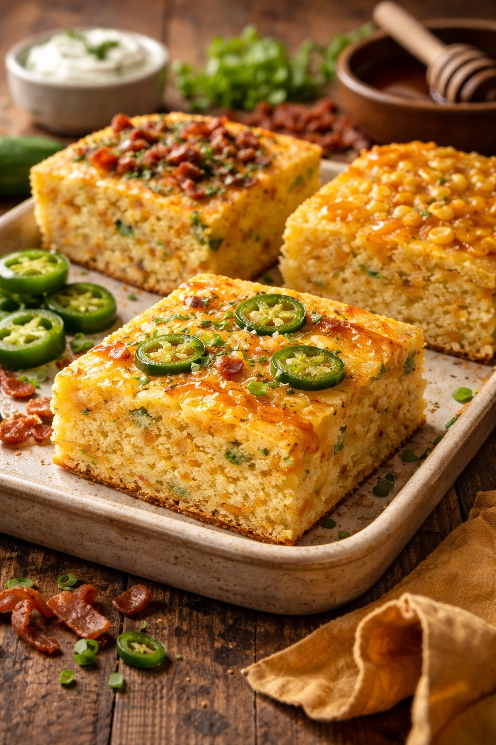 Casserole slice with cheese and herbs on rustic dish