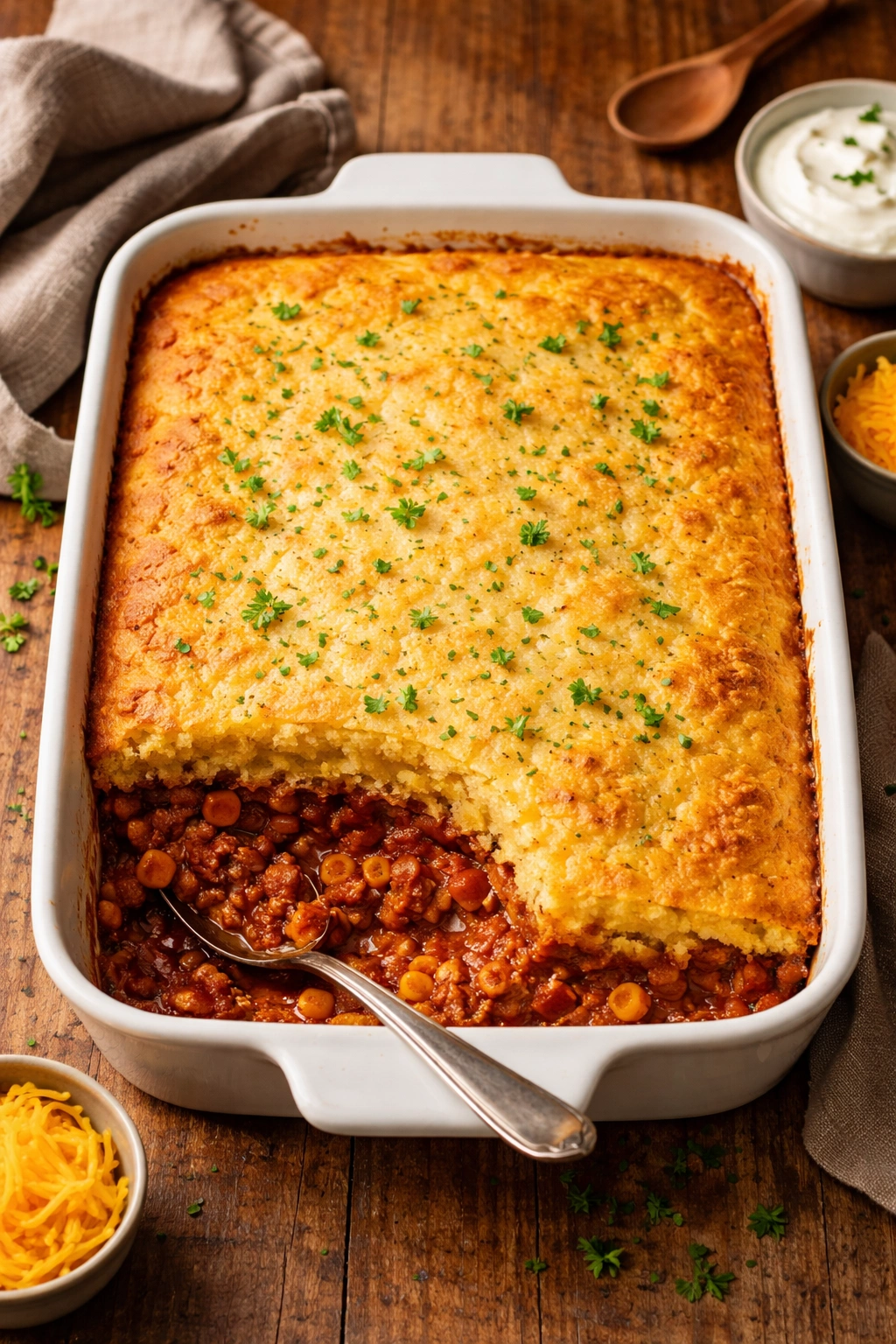 Chili and cornbread bake in a rectangular casserole dish