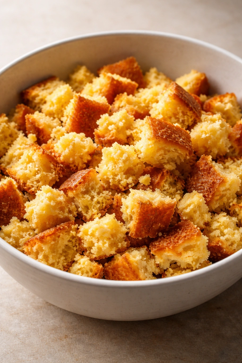 Macro shot of sturdy cornbread crumbles in a bowl