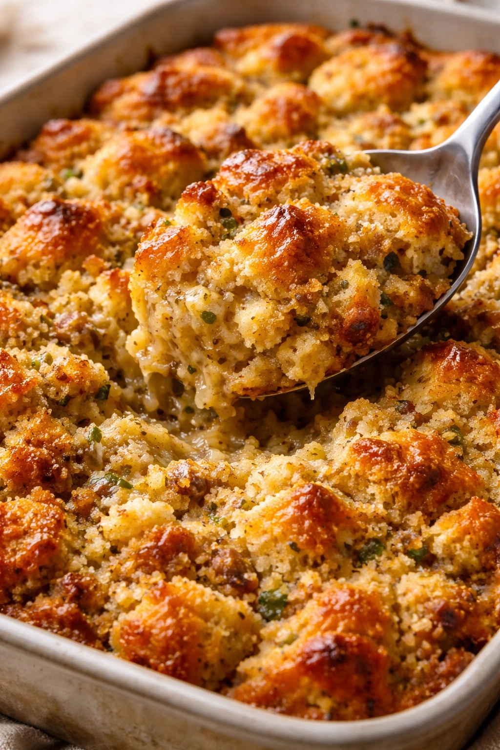 Close-up of golden crusted cornbread surface showing moisture sheen