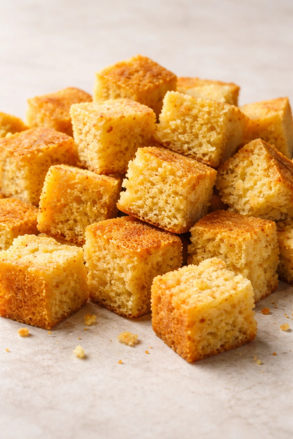 Close-up of dry cornbread cubes showing porous texture for moisture absorption