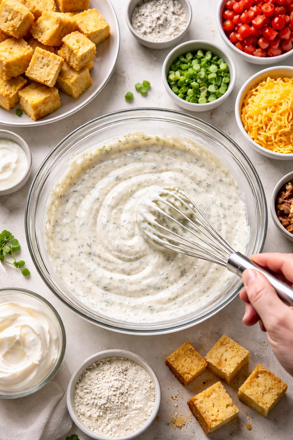 Creamy dressing coating cornbread salad with visible texture