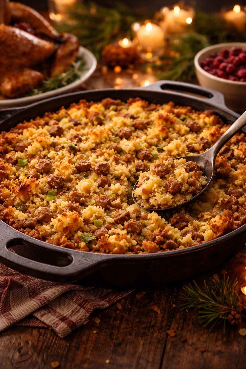 Cornbread dressing with sausage in cast-iron dish on a warm holiday table