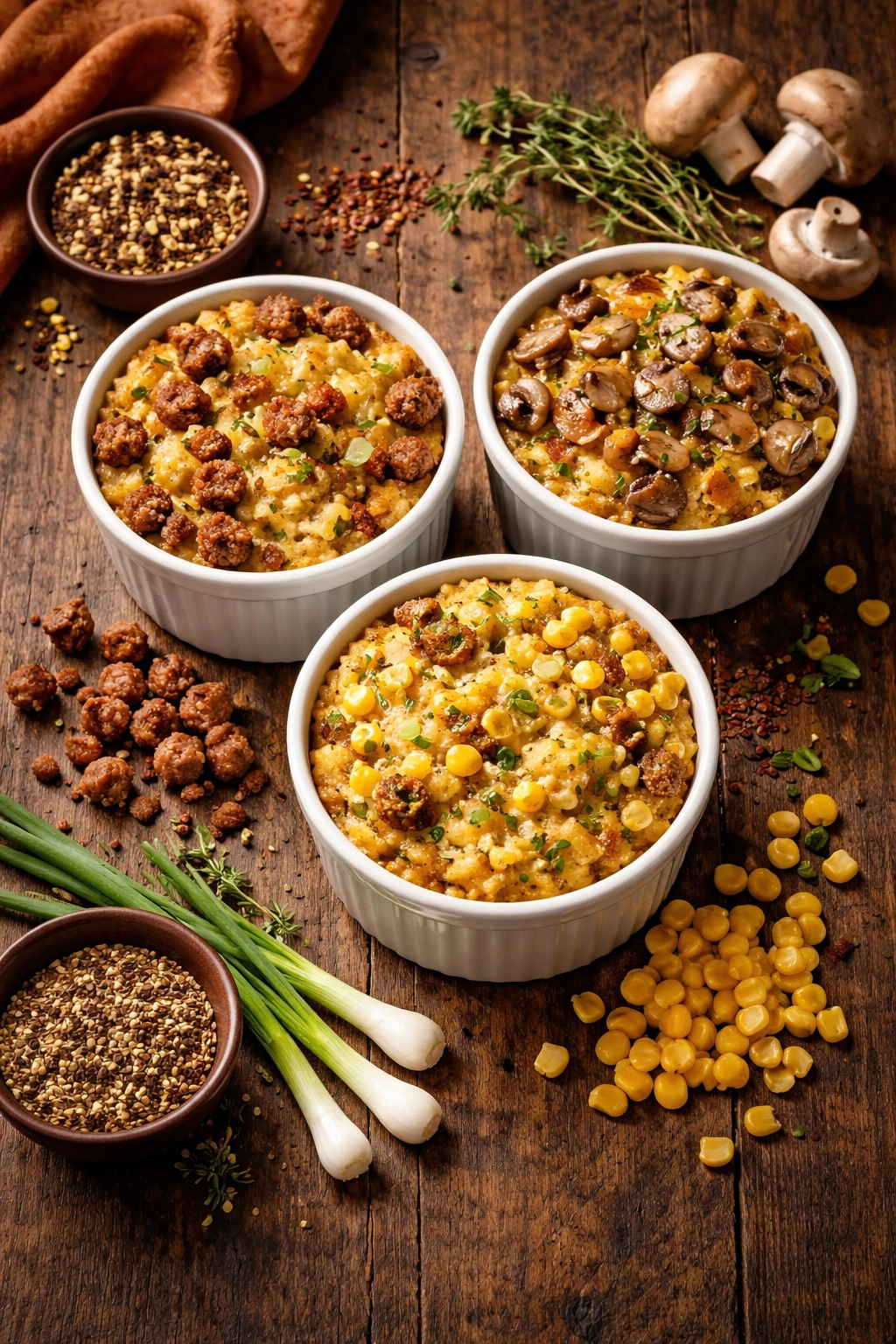 Three ramekins of cornbread dressing variations with sausage, mushrooms, and corn on dark wood