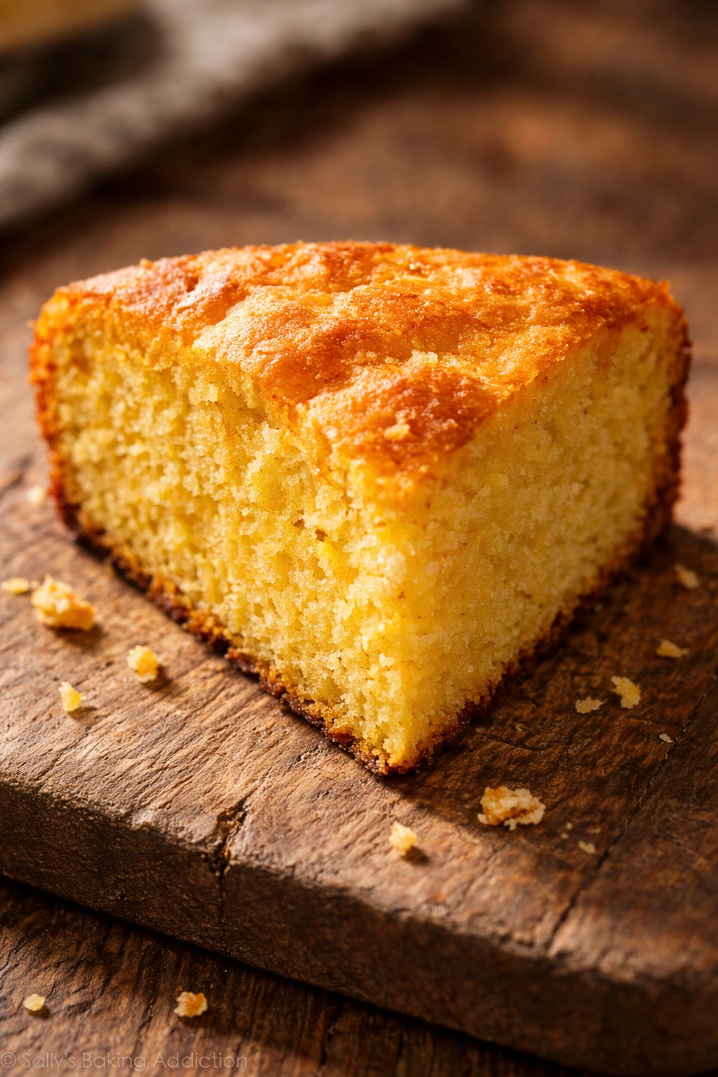 Close-up of a golden cornbread wedge on a rustic wood surface showing crumb texture