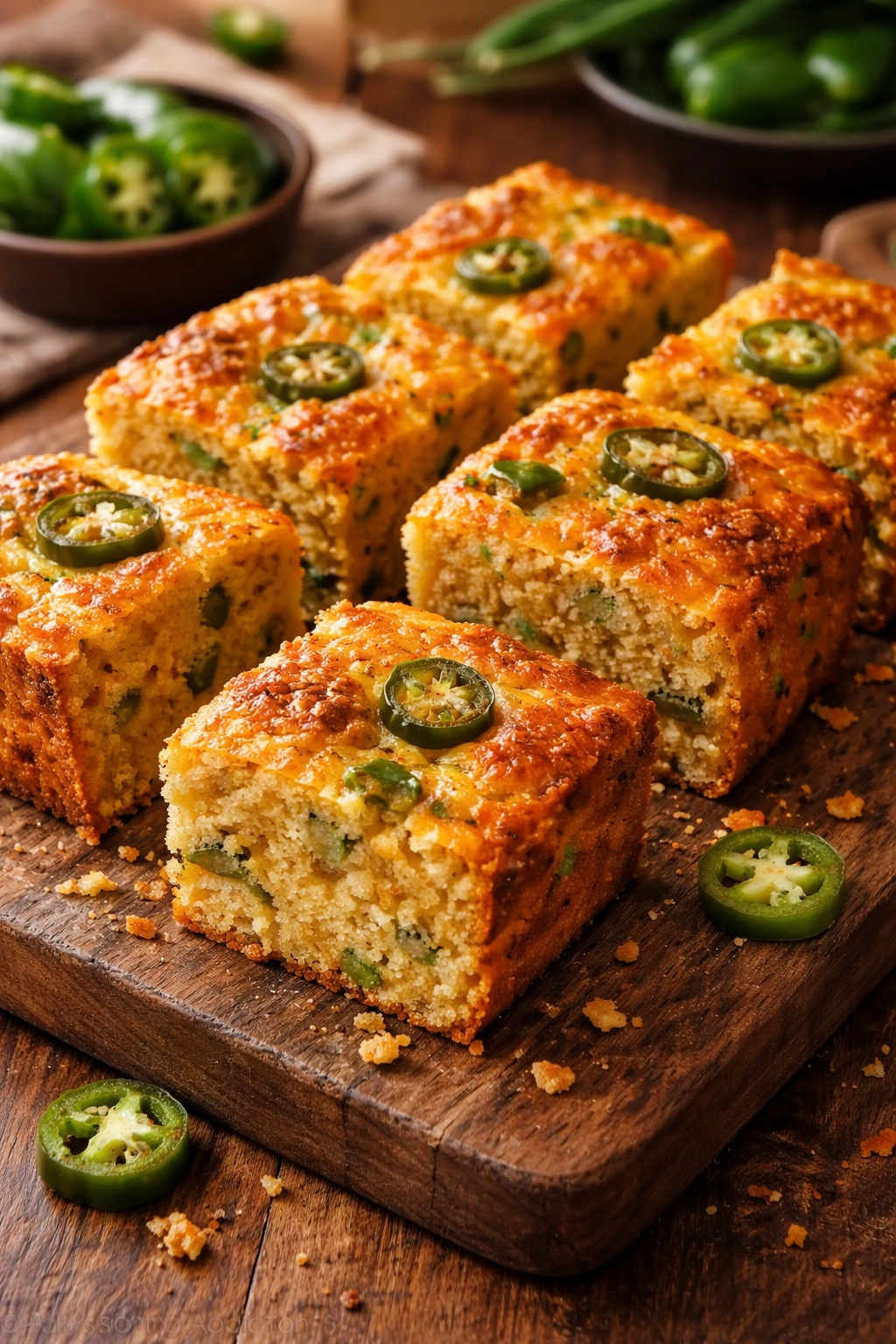 Golden jalapeño cheddar cornbread slices on wooden board