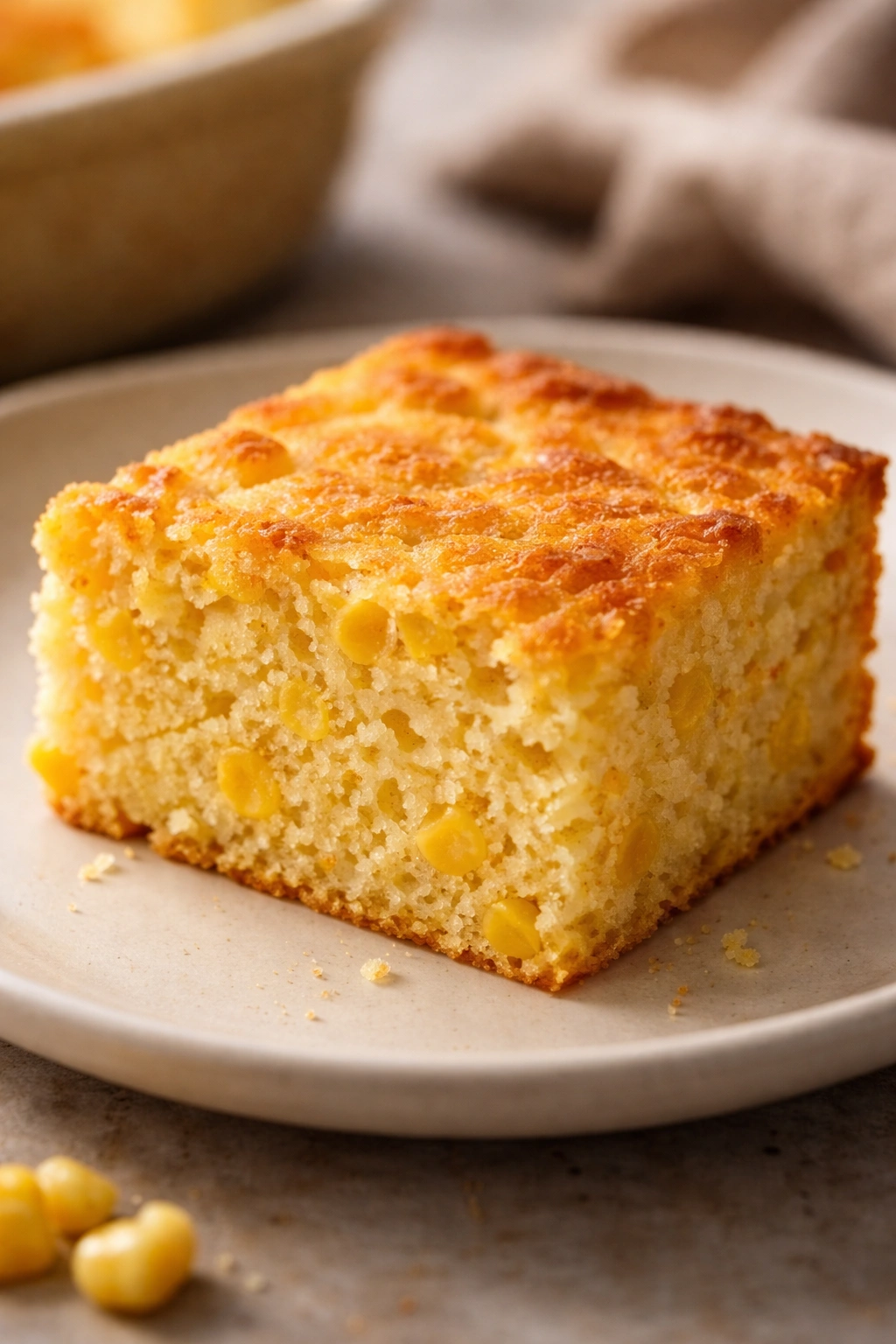 Moist cornbread slice with even crumb on plate