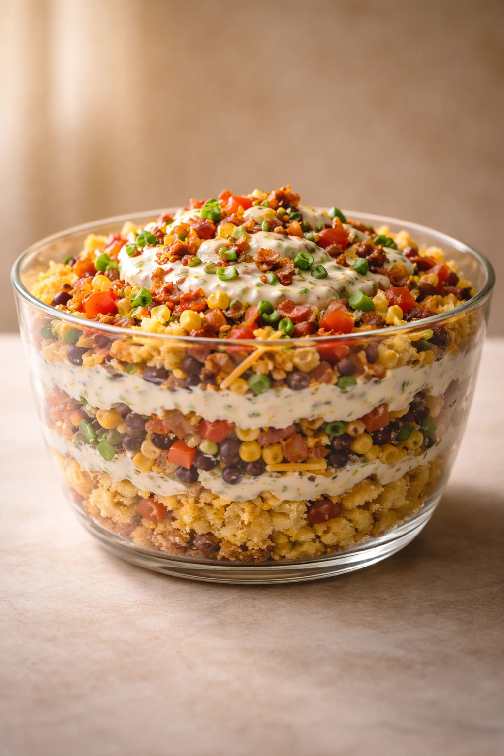 Close-up of a bowl of cornbread salad under warm lighting with a neutral background.