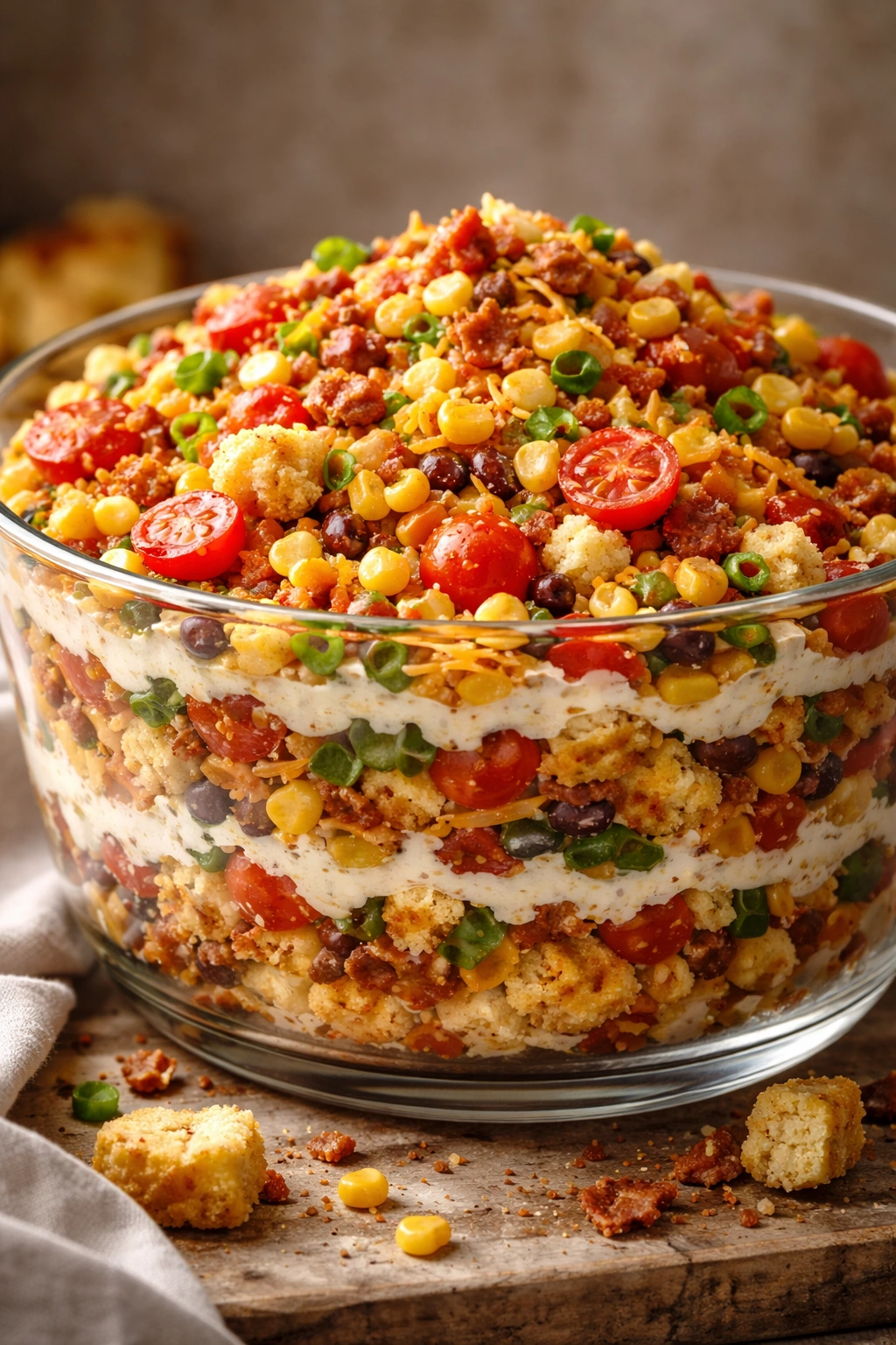 Close-up of cornbread salad showing corn kernels, peppers, tomatoes, and cheese in a glass bowl