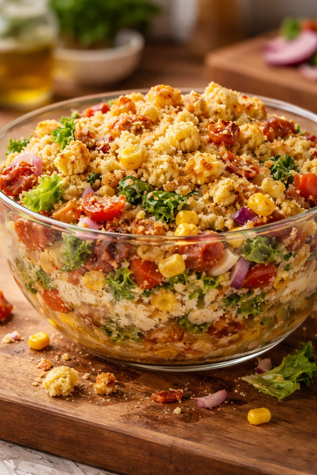 Close-up of cornbread salad showing uneven texture