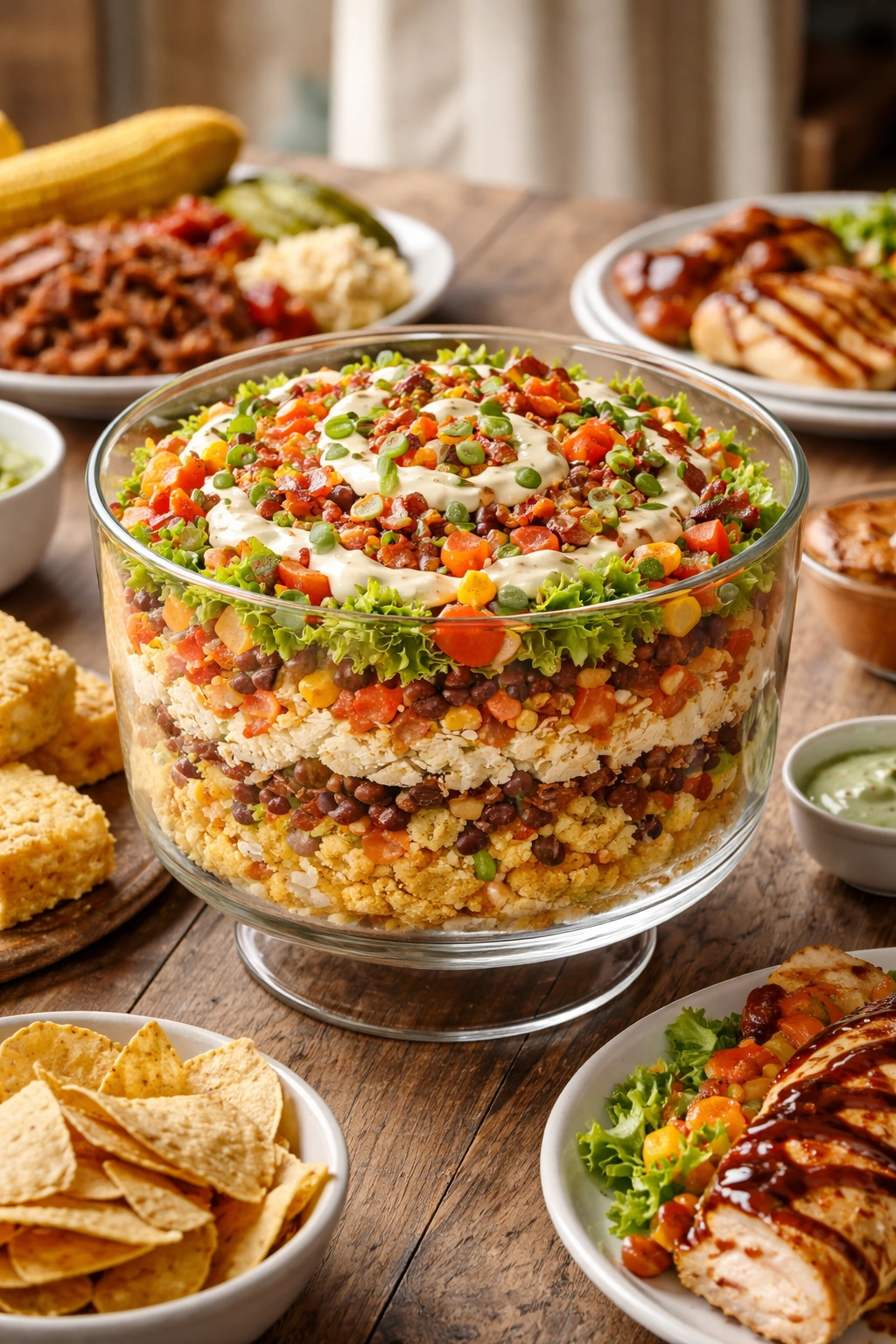 Close-up of colorful cornbread salad in a rustic bowl with nearby meat plates suggesting pairings.