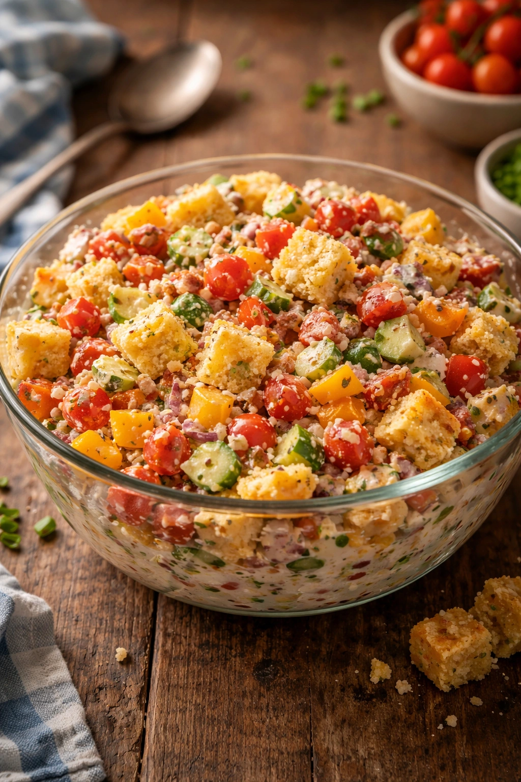 Close-up of colorful cornbread salad with peppers, tomatoes, cucumbers, and creamy dressing in a glass bowl