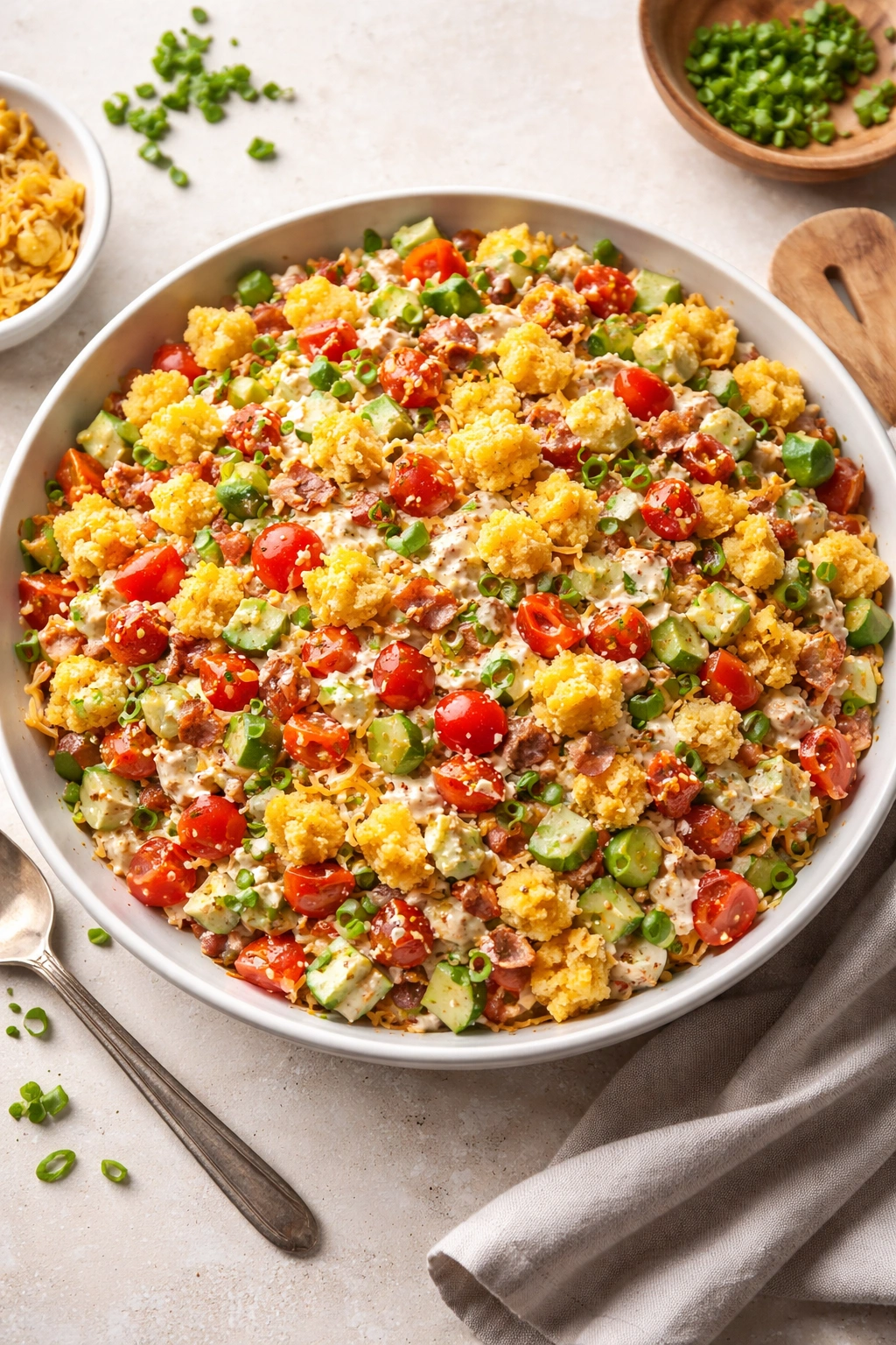 Colorful cornbread salad on a platter with crumbled bread and vegetables in warm lighting