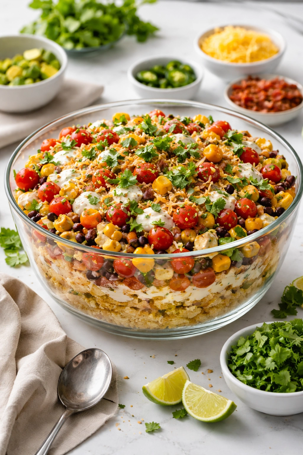 Vibrant cornbread salad bowl with colorful toppings