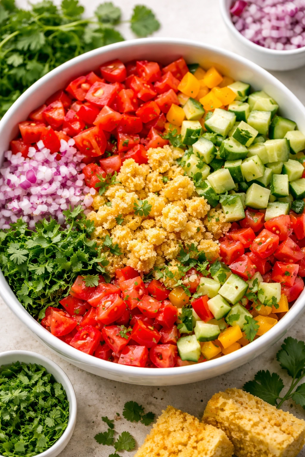 Close-up of peppers, tomatoes, cucumbers, cilantro with cornbread in a bowl