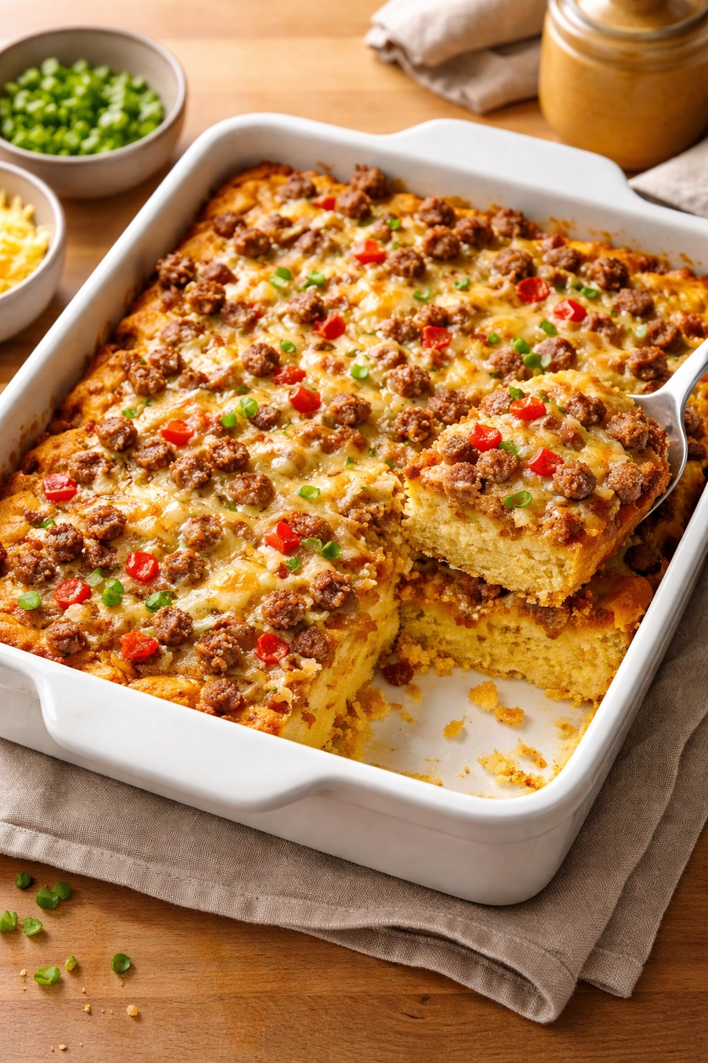 Golden cornbread casserole with sausage and peppers in a baking dish