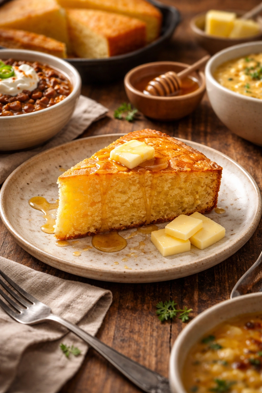 Warm cornbread wedge on rustic plate ready to serve.