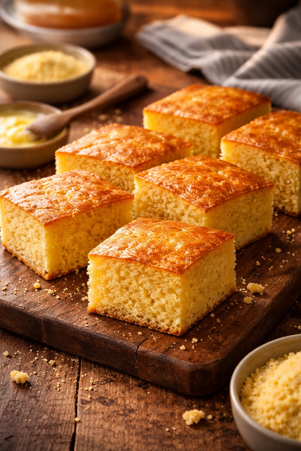 Golden cornbread slices on a wooden board with warm lighting