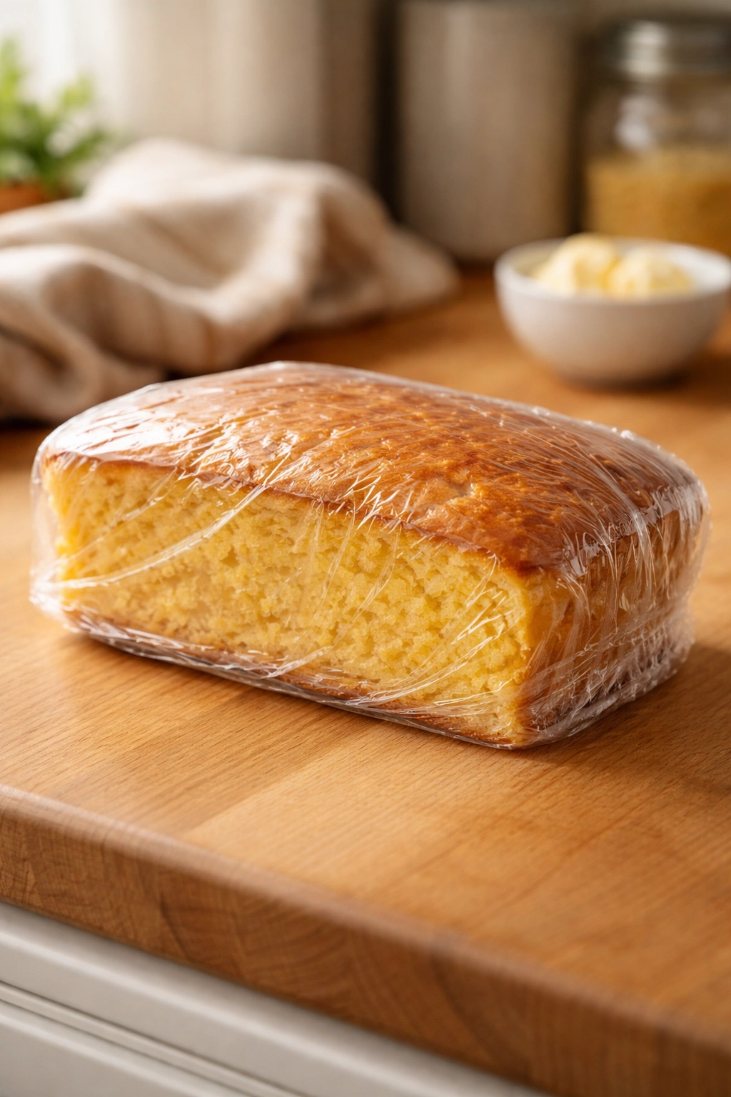 Cornbread storage and reheating: wrapped loaf on kitchen counter.