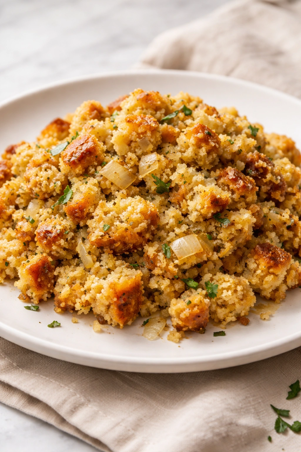 Moist cornbread stuffing mound with herbs on a plate