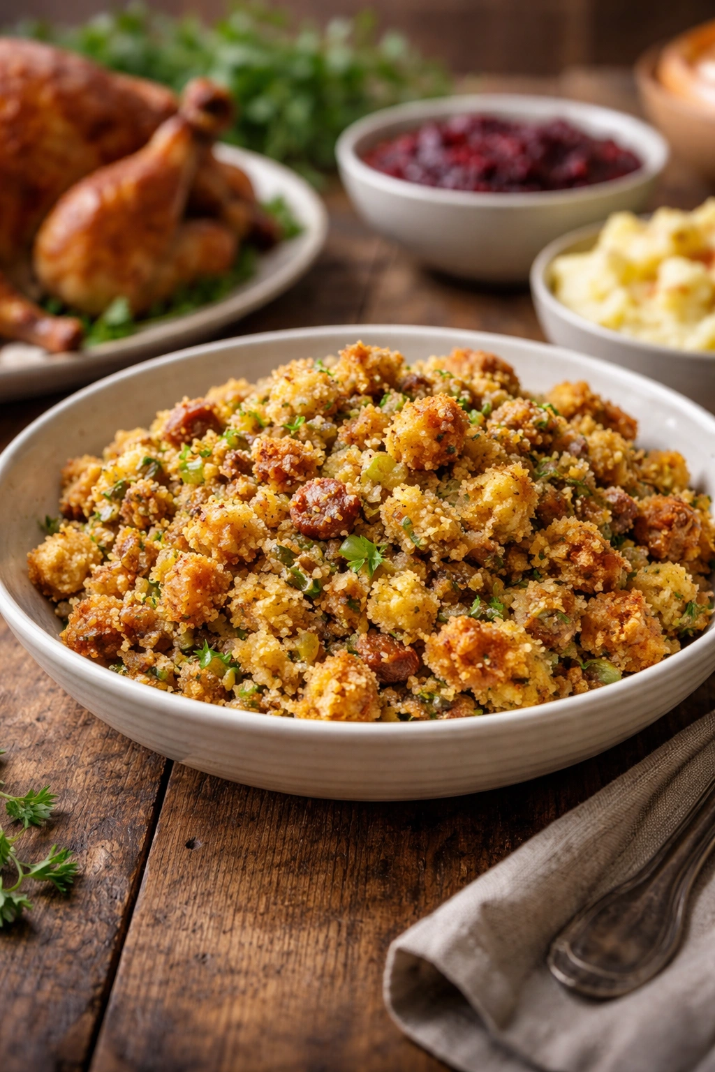 Moist cornbread stuffing in a shallow bowl, showing tender texture and herbs