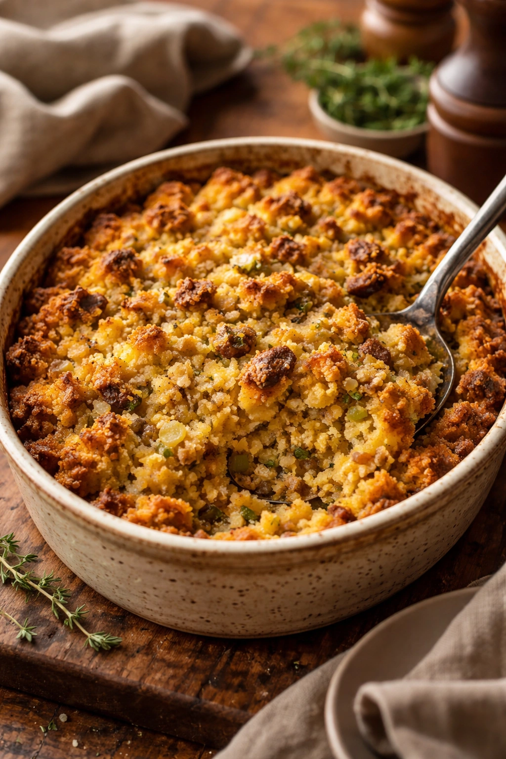 Close-up of moist cornbread stuffing with browned crust
