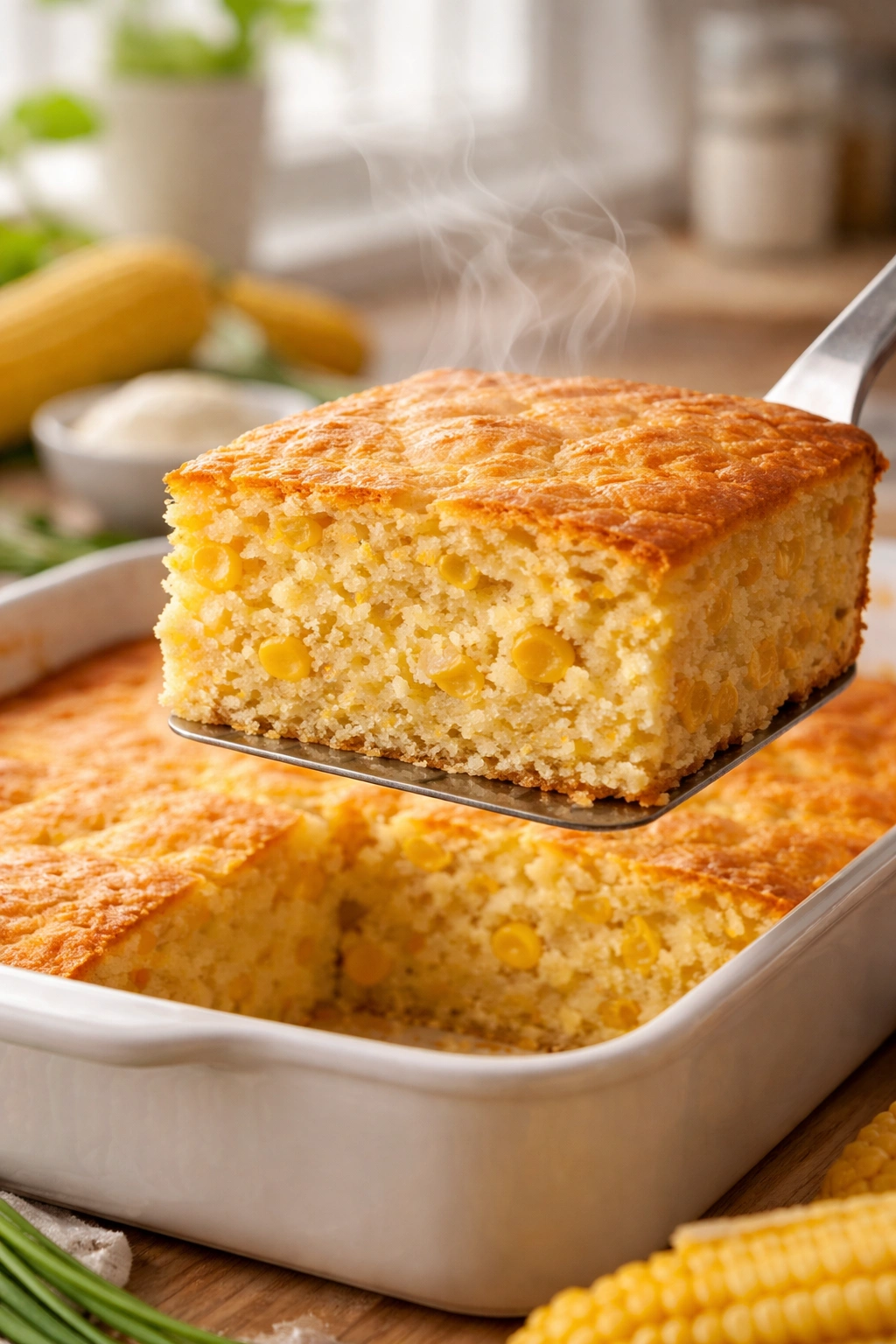 Perfect cornbread slice shows even crumb and moist interior