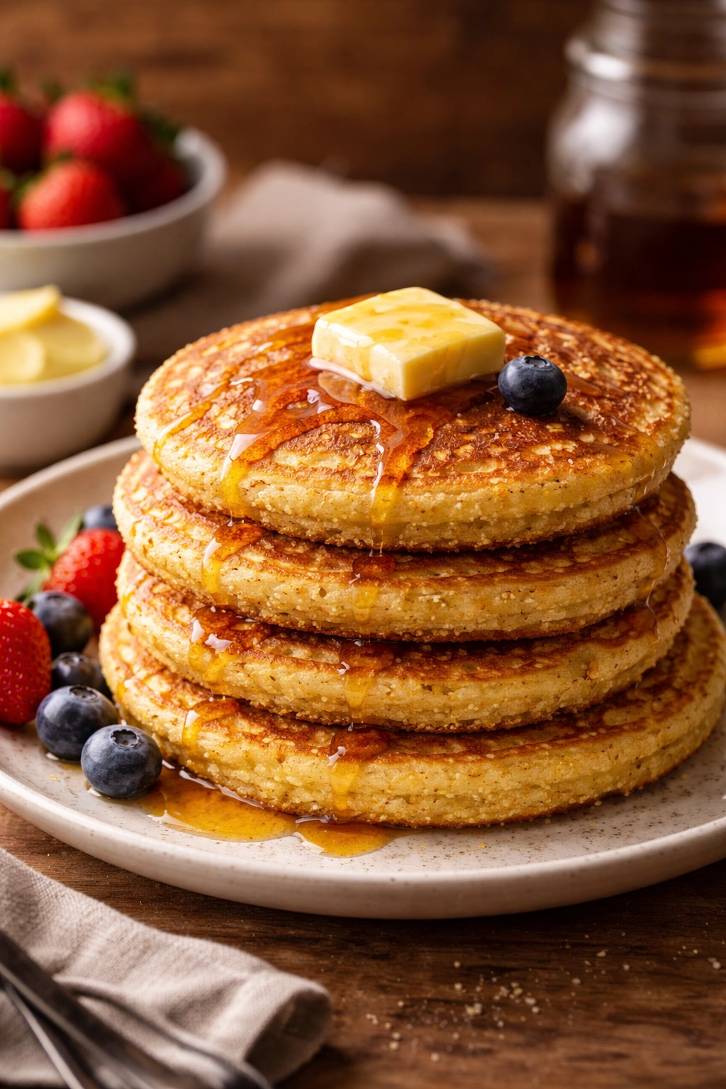 Rustic cornmeal pancakes stacked on a plate with warm wood background