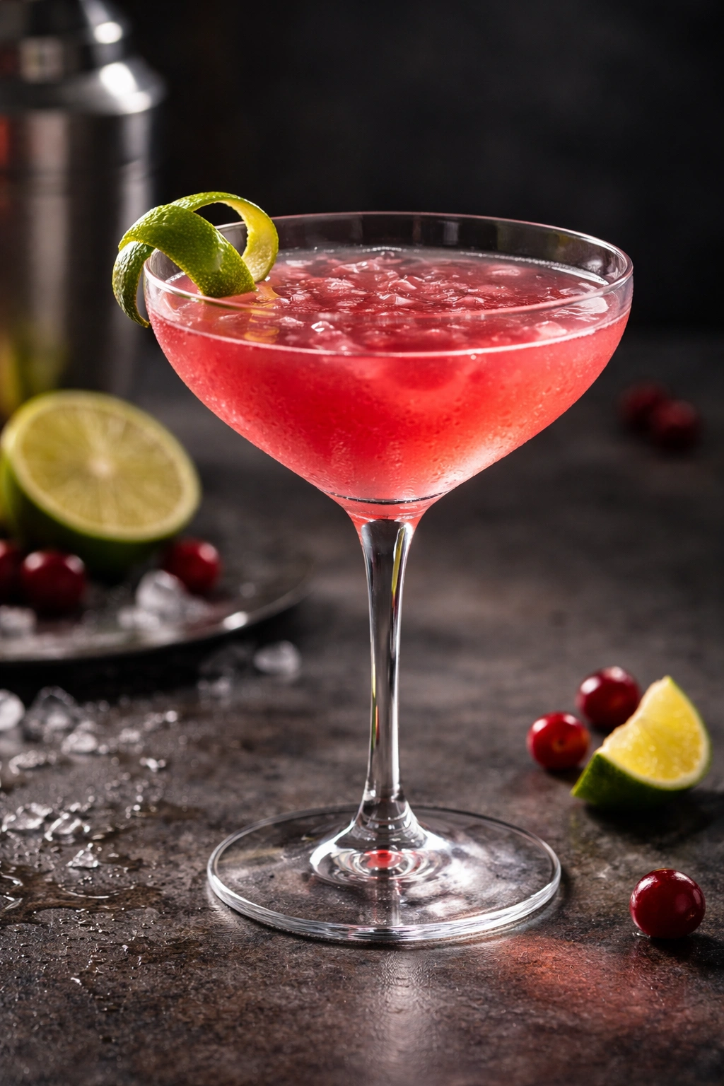 Cosmopolitan in a coupe with pink hue on dark background