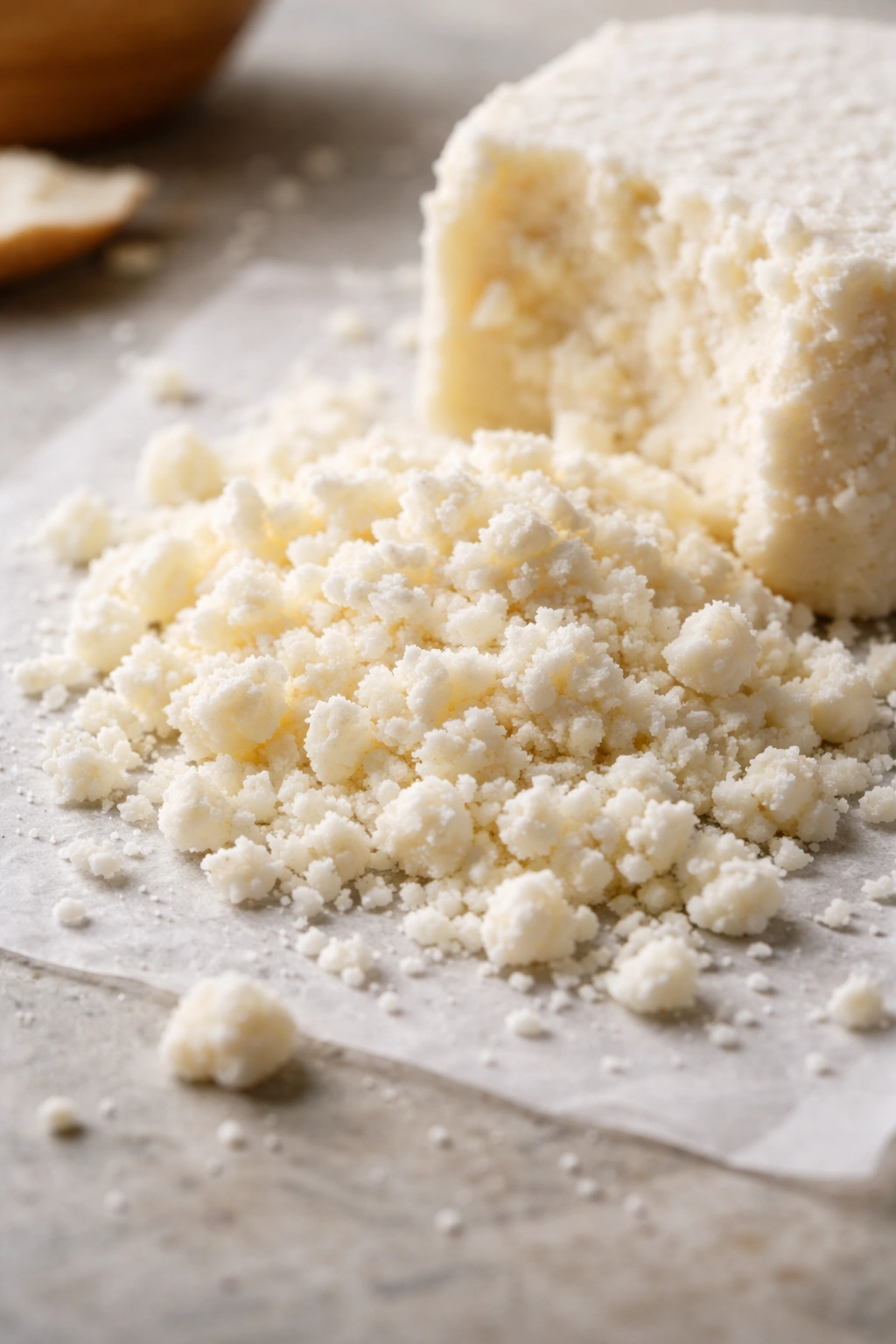 Crumbly cotija cheese crystals on a clean surface