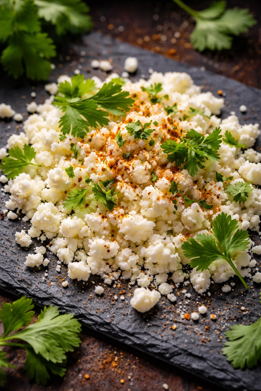 Cotija cheese with cilantro and TajÃn on slate