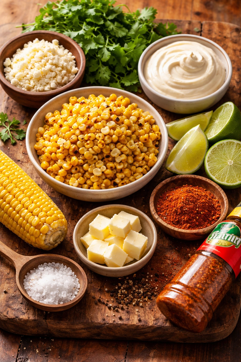 Still life of cotija, cilantro, lime, crema, mayo and Tajín for elote