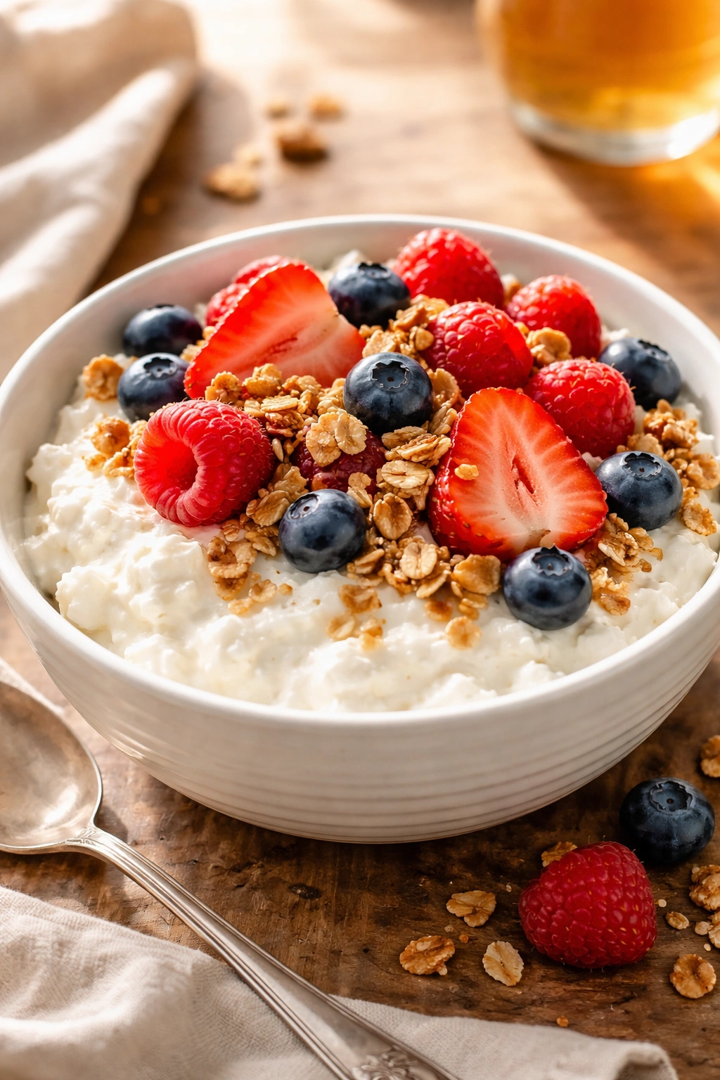 Cottage cheese bowl topped with berries and granola ready for breakfast