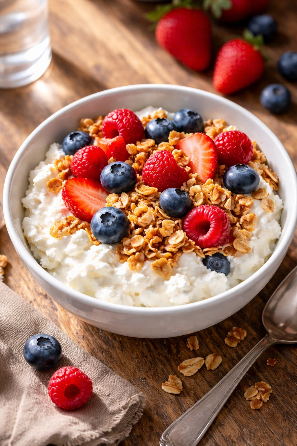Cottage cheese bowl with granola and berries on a rustic surface