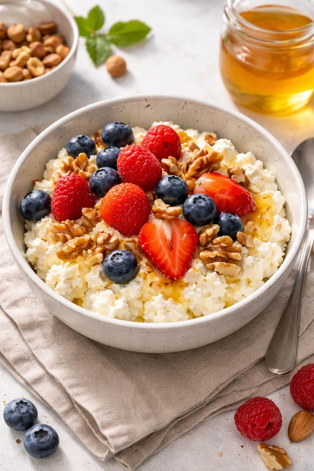 Cottage cheese bowl with berries nuts and honey