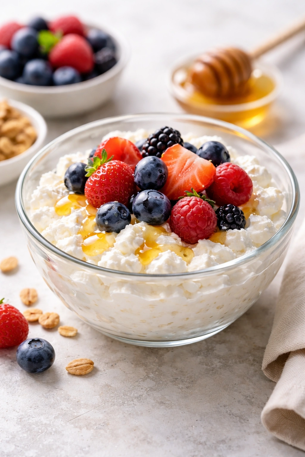 Cottage cheese bowl with berries and honey drizzle