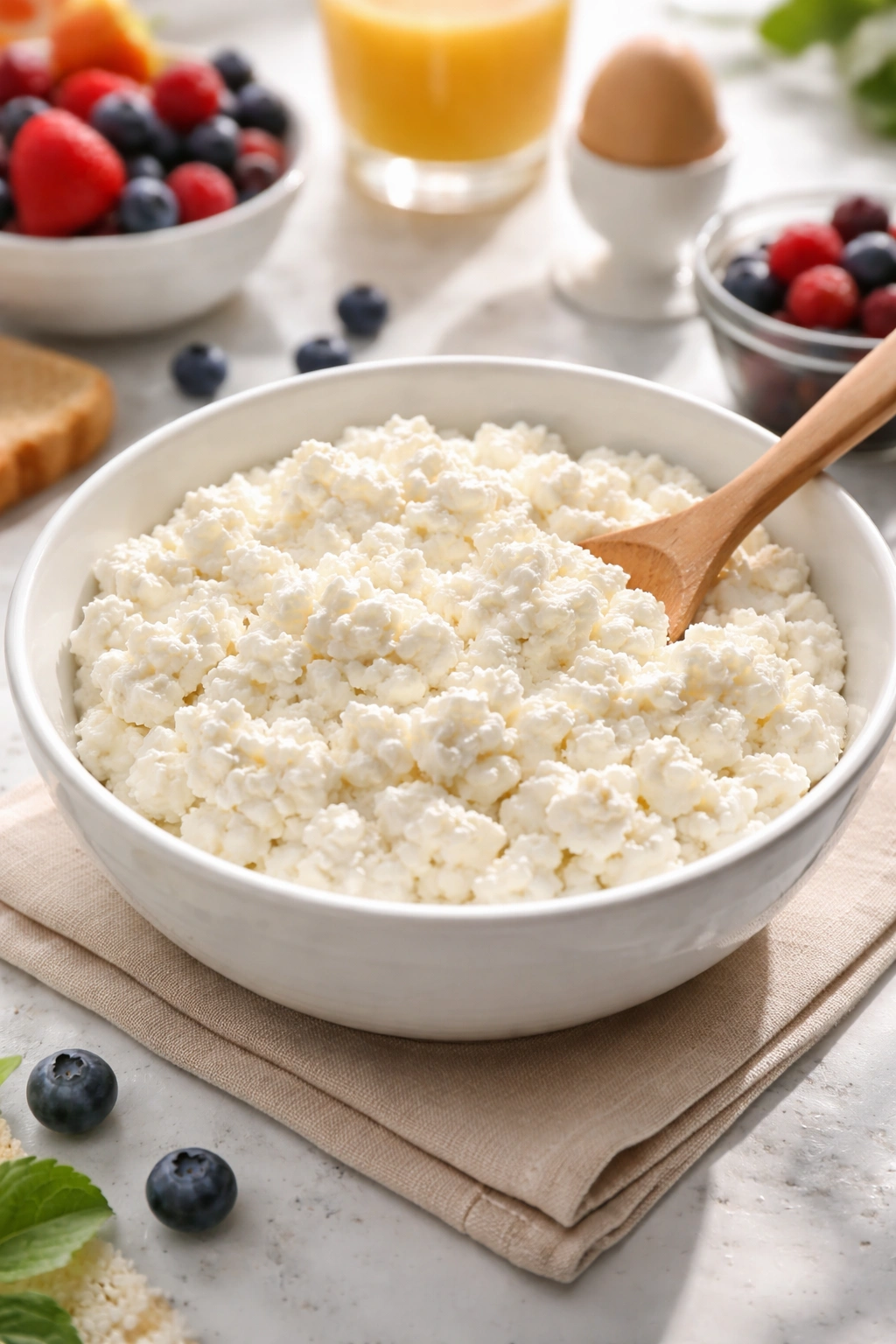 Close-up of cottage cheese in a bowl highlighting creamy curds for breakfast