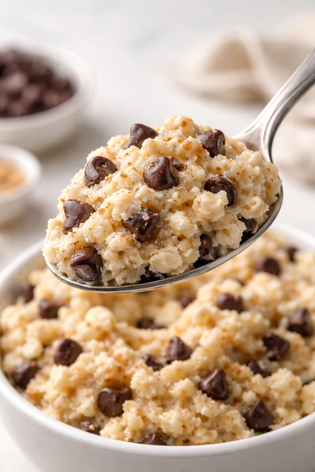Close-up of cottage cheese cookie dough with chocolate chips and brown sugar, creamy texture and protein