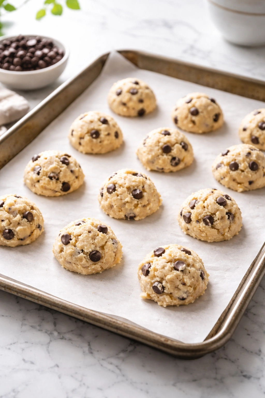 Row of cottage cheese cookie dough portions on parchment, ready to chill or freeze