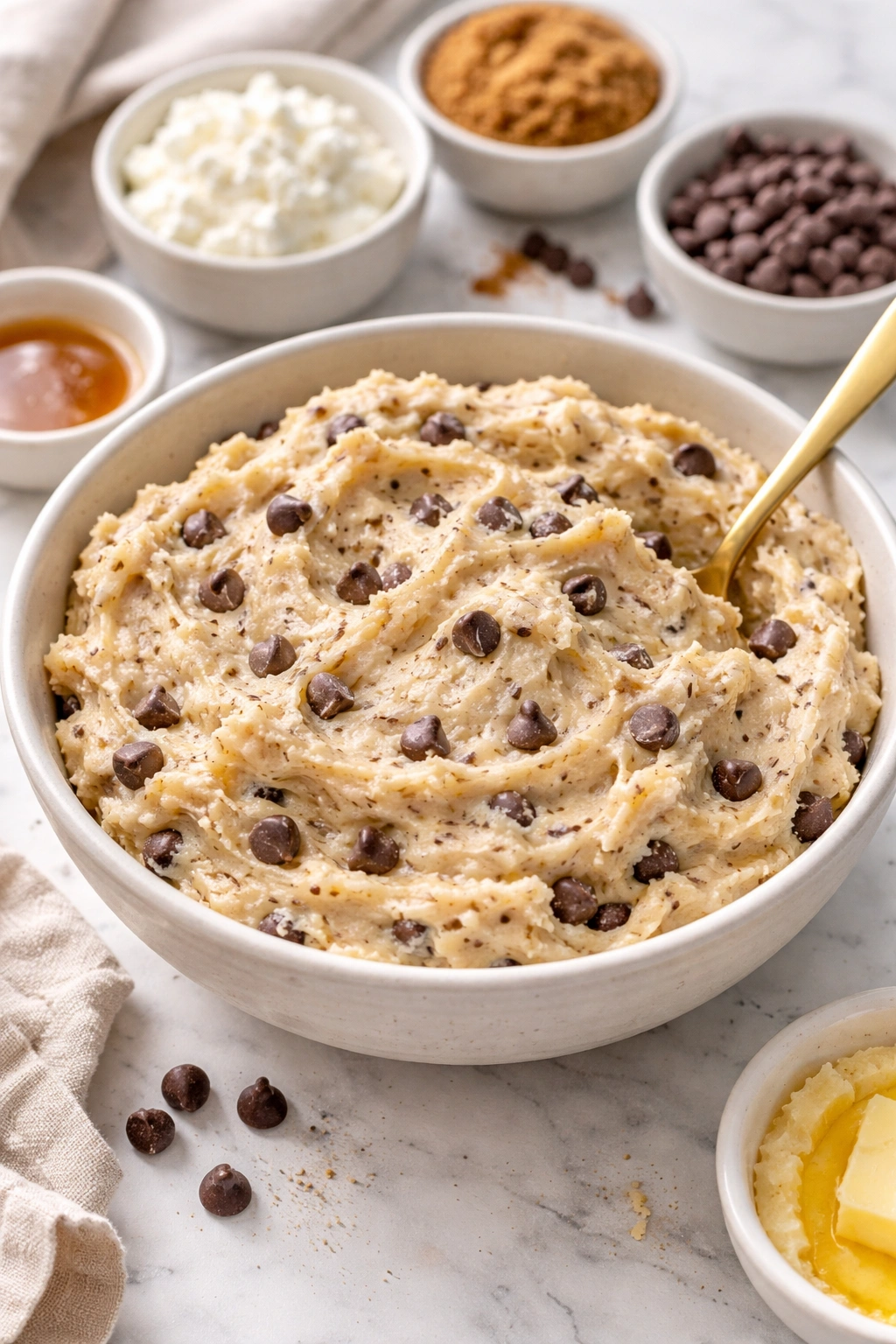 No-bake cottage cheese cookie dough with chocolate chips in a bowl