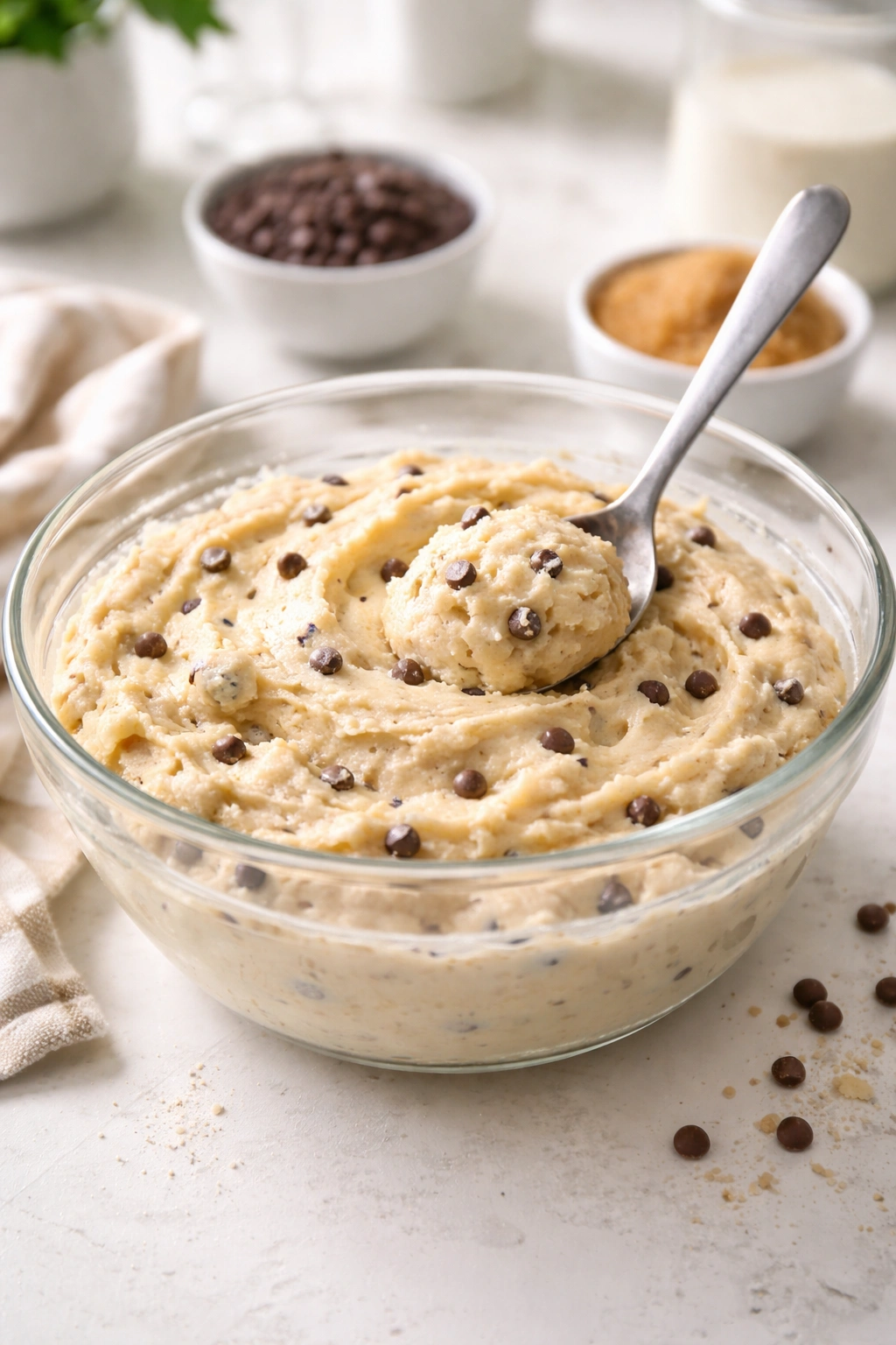 Close-up of smooth pale cottage cheese cookie dough in a glass bowl