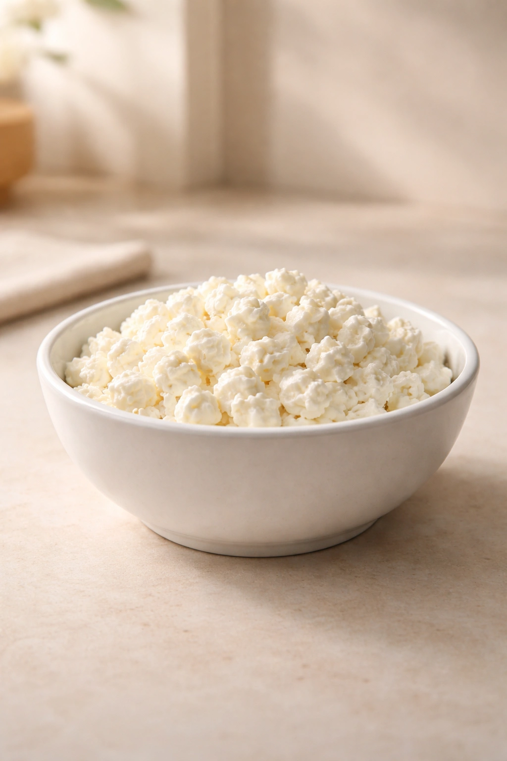 Bowl of cottage cheese on clean surface, calm mood