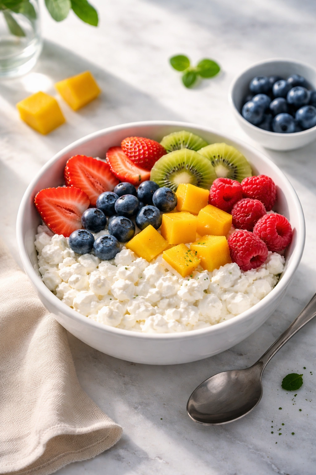 Cottage cheese bowl with fruit pieces on a clean surface