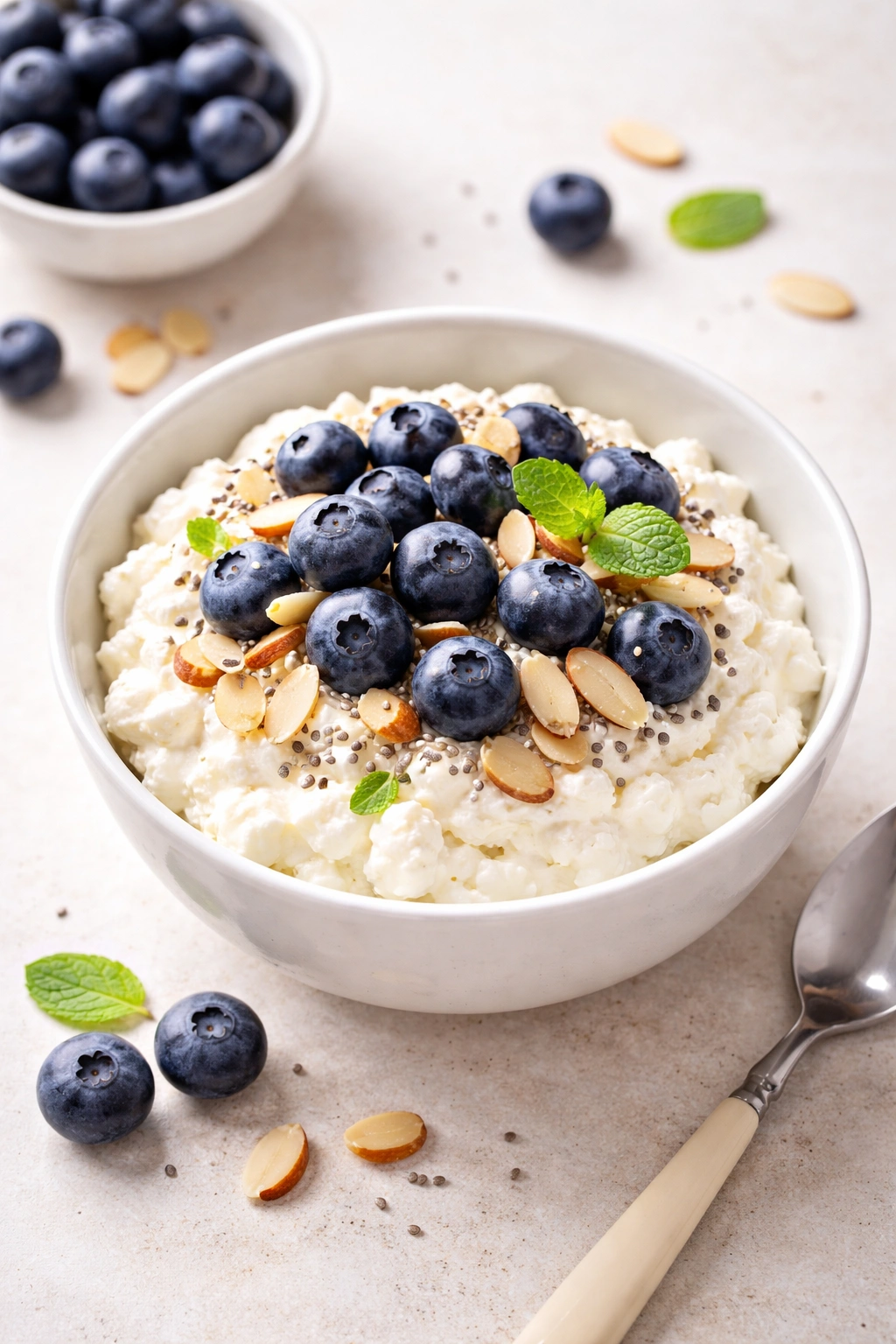 Creamy cottage cheese with blueberries and almonds in a bowl