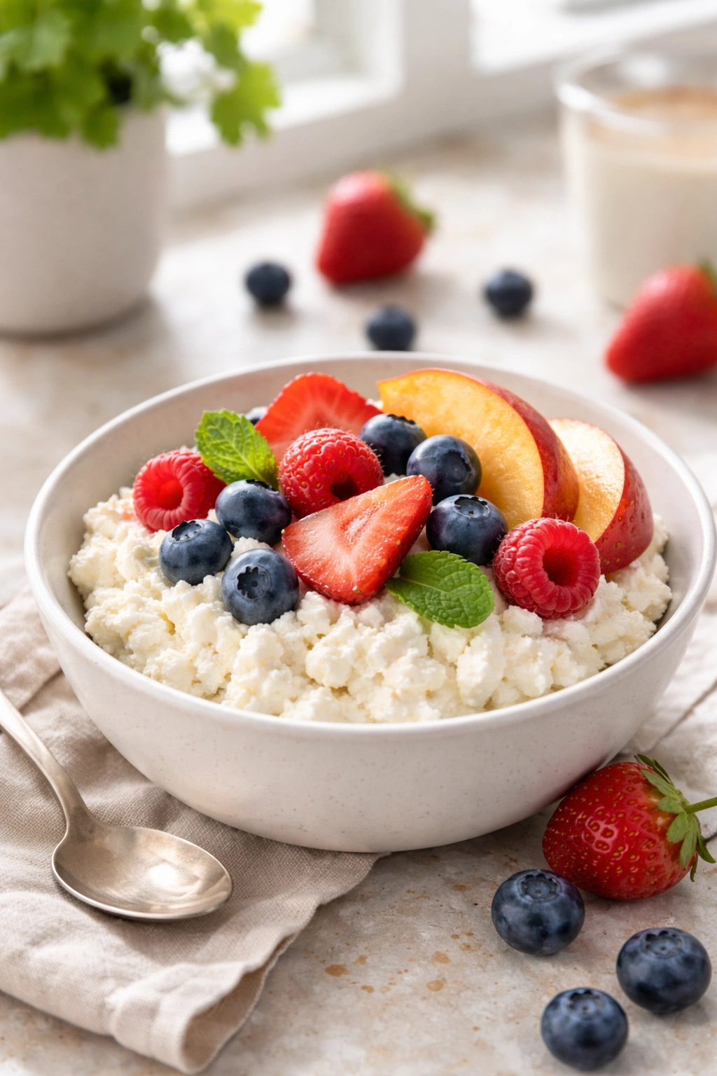Cottage cheese with berries and peach on a plate