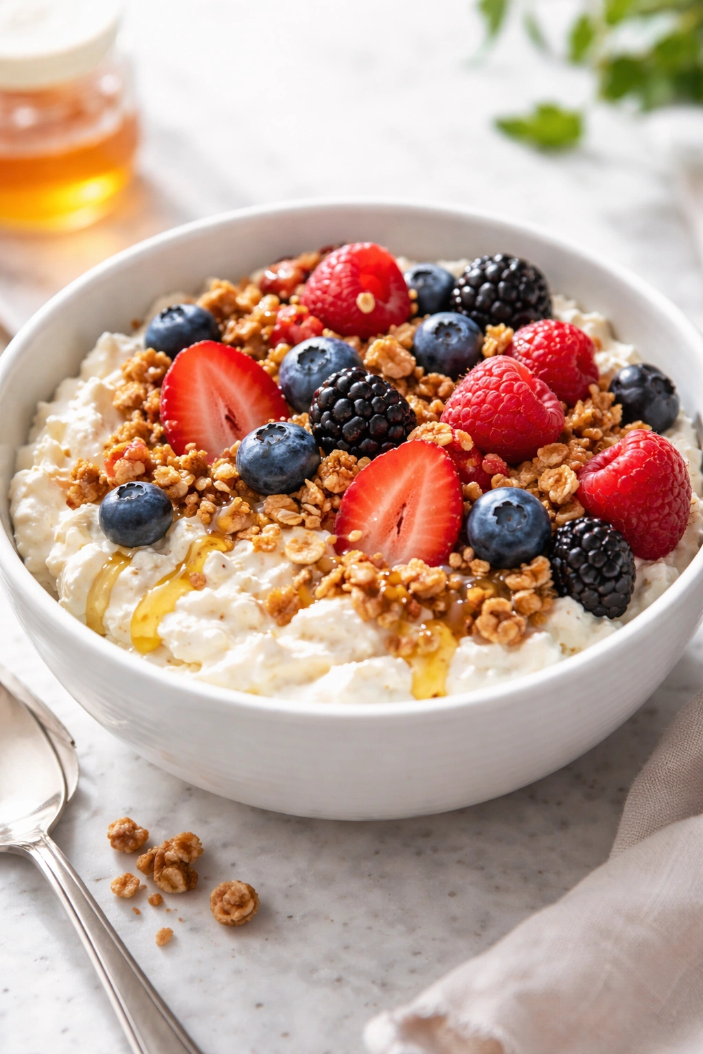 Cottage cheese bowl with berries and granola, high-protein breakfast