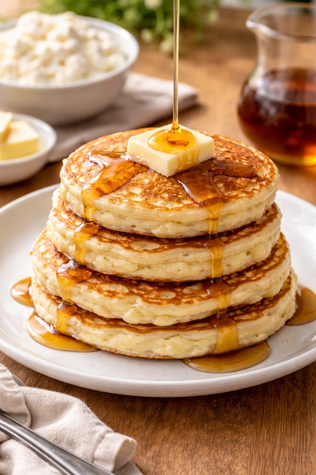 Stack of cottage cheese pancakes on a plate with syrup