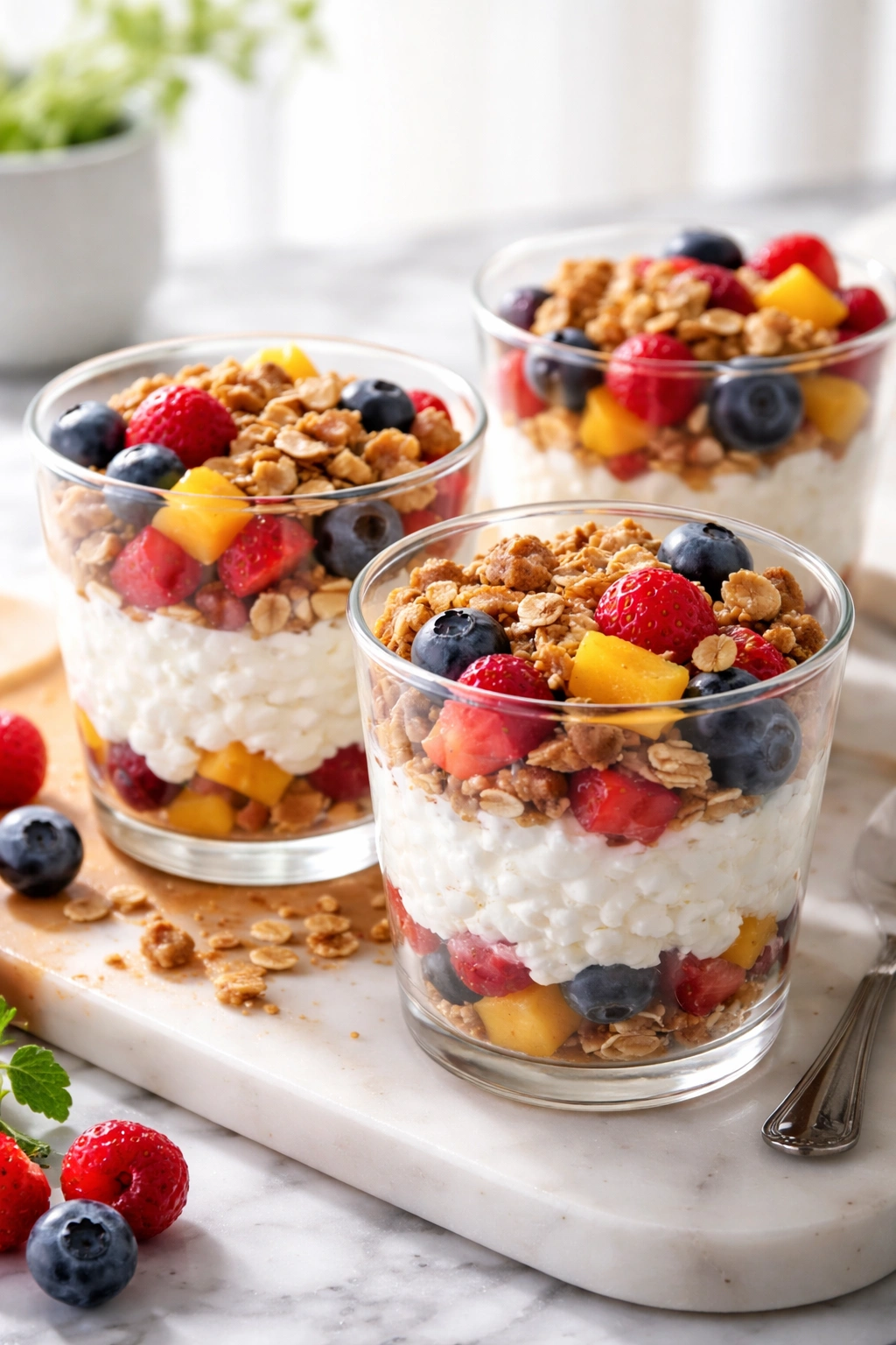Cottage cheese parfait cups with fruit and granola layers in clear cups